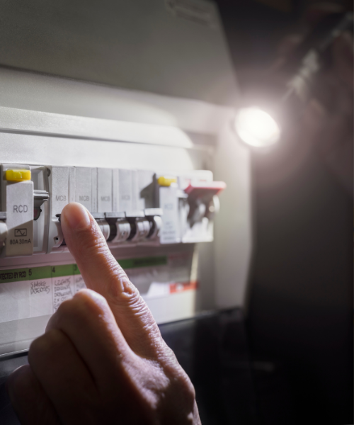 A person pointing at a light switch on a wall