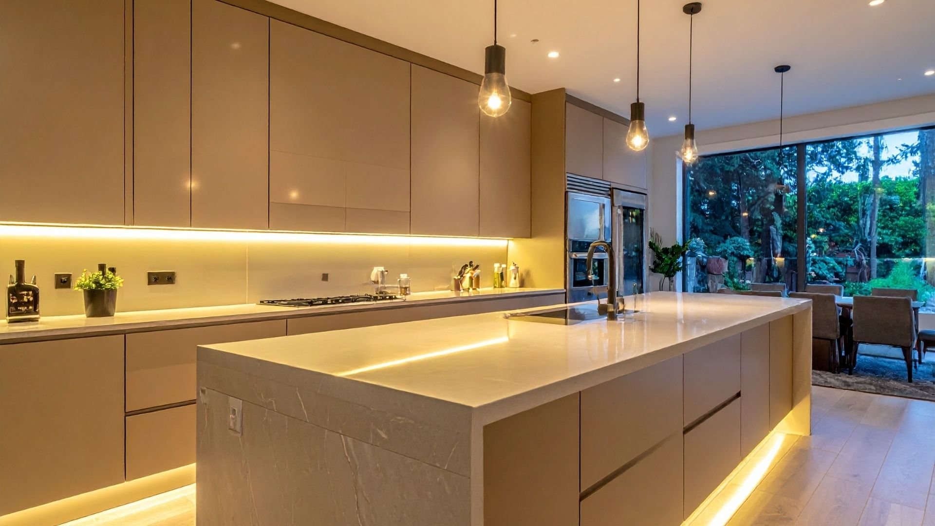 Modern kitchen with large island, pendant lights, backlighting, and forest views